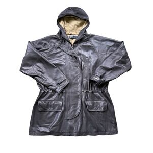 Polo Ralph Lauren Black Leather Hooded Parka Vintage XL RARE Likely Lambskin